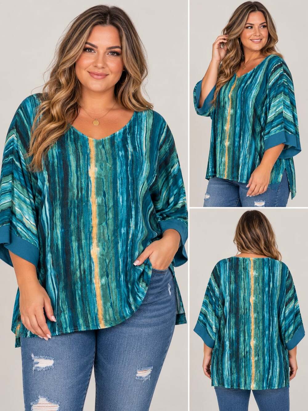 Liz & Me for Catherines Blouse Size 3X Teal Green Abstract V-Neck Tunic